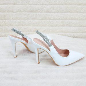 White Pointed-Toe Slingback Heels with Silver Strap